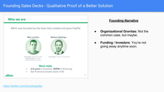 Founding Sales Decks - Qualitative Proof of a Better Solution
https://twitter.com/foundingsales
Anecdata!
 
