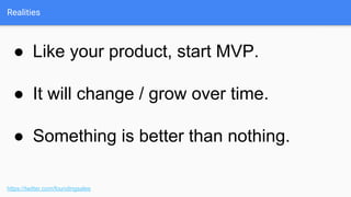 What is the sales deck for?
Goal of a sales deck: Visually
and textually present your sales
narrative to your ideal customer
in a way that convinces them to
buy your solution.
https://twitter.com/foundingsales
 