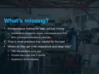 What’s missing?
•   Entrepreneurs looking for help, not just money
    •   Accelerators, incubators, angels, mentors/advisors, VCs
    •   95% of entrepreneurs want a cofounder
•   Time is more precious than capital for the best
•   Where do they get time, experience and deep help?
    •   100+ key decisions every year
    •   Provide help longer than 3 months
    •   Expertise to avoid mistakes
 