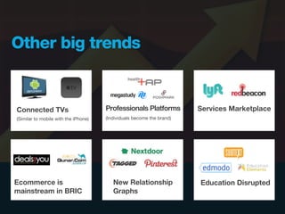 Other big trends


Connected TVs                         Professionals Platforms          Services Marketplace
(Similar to mobile with the iPhone)   (Individuals become the brand)




Ecommerce is                             New Relationship              Education Disrupted
mainstream in BRIC                       Graphs
 