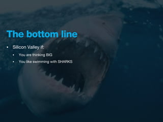 The bottom line
•   Silicon Valley if:
    •   You are thinking BIG
    •   You like swimming with SHARKS
 