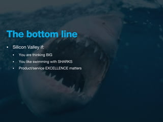 The bottom line
•   Silicon Valley if:
    •   You are thinking BIG
    •   You like swimming with SHARKS
    •   Product/service EXCELLENCE matters
 