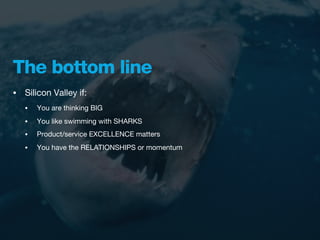 The bottom line
•   Silicon Valley if:
    •   You are thinking BIG
    •   You like swimming with SHARKS
    •   Product/service EXCELLENCE matters
    •   You have the RELATIONSHIPS or momentum
 