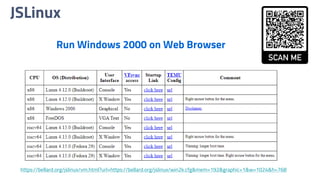 JSLinux
https://bellard.org/jslinux/vm.html?url=https://bellard.org/jslinux/win2k.cfg&mem=192&graphic=1&w=1024&h=768
Run Windows 2000 on Web Browser
 
