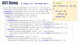 AST Dump
TranslationUnitDecl 0x2c8ce56b660 <<invalid sloc>> <invalid sloc>
`-FunctionDecl 0x2c8ce56be18 <min.c:2:1, line:6:1> line:2:5 min 'int (int, int)'
|-ParmVarDecl 0x2c8ce56bcc0 <col:9, col:13> col:13 used a 'int'
|-ParmVarDecl 0x2c8ce56bd38 <col:16, col:20> col:20 used b 'int'
`-CompoundStmt 0x2c8ce56c0a0 <col:23, line:6:1>
|-IfStmt 0x2c8ce56c018 <line:3:3, line:4:12>
| |-<<<NULL>>>
| |-BinaryOperator 0x2c8ce56bf98 <line:3:7, col:11> 'int' '<'
| | |-ImplicitCastExpr 0x2c8ce56bf68 <col:7> 'int' <LValueToRValue>
| | | `-DeclRefExpr 0x2c8ce56bf18 <col:7> 'int' lvalue ParmVar 0x2c8ce56bcc0 'a' 'int'
| | `-ImplicitCastExpr 0x2c8ce56bf80 <col:11> 'int' <LValueToRValue>
| | `-DeclRefExpr 0x2c8ce56bf40 <col:11> 'int' lvalue ParmVar 0x2c8ce56bd38 'b' 'int'
| |-ReturnStmt 0x2c8ce56c000 <line:4:5, col:12>
| | `-ImplicitCastExpr 0x2c8ce56bfe8 <col:12> 'int' <LValueToRValue>
| | `-DeclRefExpr 0x2c8ce56bfc0 <col:12> 'int' lvalue ParmVar 0x2c8ce56bcc0 'a' 'int'
| `-<<<NULL>>>
`-ReturnStmt 0x2c8ce56c088 <line:5:3, col:10>
`-ImplicitCastExpr 0x2c8ce56c070 <col:10> 'int' <LValueToRValue>
`-DeclRefExpr 0x2c8ce56c048 <col:10> 'int' lvalue ParmVar 0x2c8ce56bd38 'b' 'int'
// min.c
int min(int a, int b)
{
if (a < b)
return a;
return b;
}
$ clang -cc1 -ast-dump min.c
 