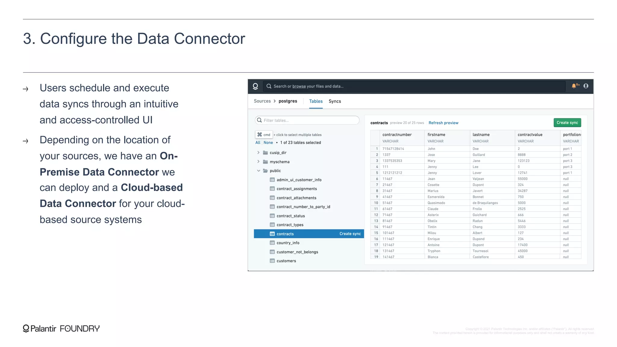 3. Configure the Data Connector
Users schedule and execute
data syncs through an intuitive
and access-controlled UI
Depending on the location of
your sources, we have an On-
Premise Data Connector we
can deploy and a Cloud-based
Data Connector for your cloud-
based source systems
Copyright © 2021 Palantir Technologies Inc. and/or affiliates (“Palantir”). All rights reserved.
The content provided herein is provided for informational purposes only and shall not create a warranty of any kind.
 