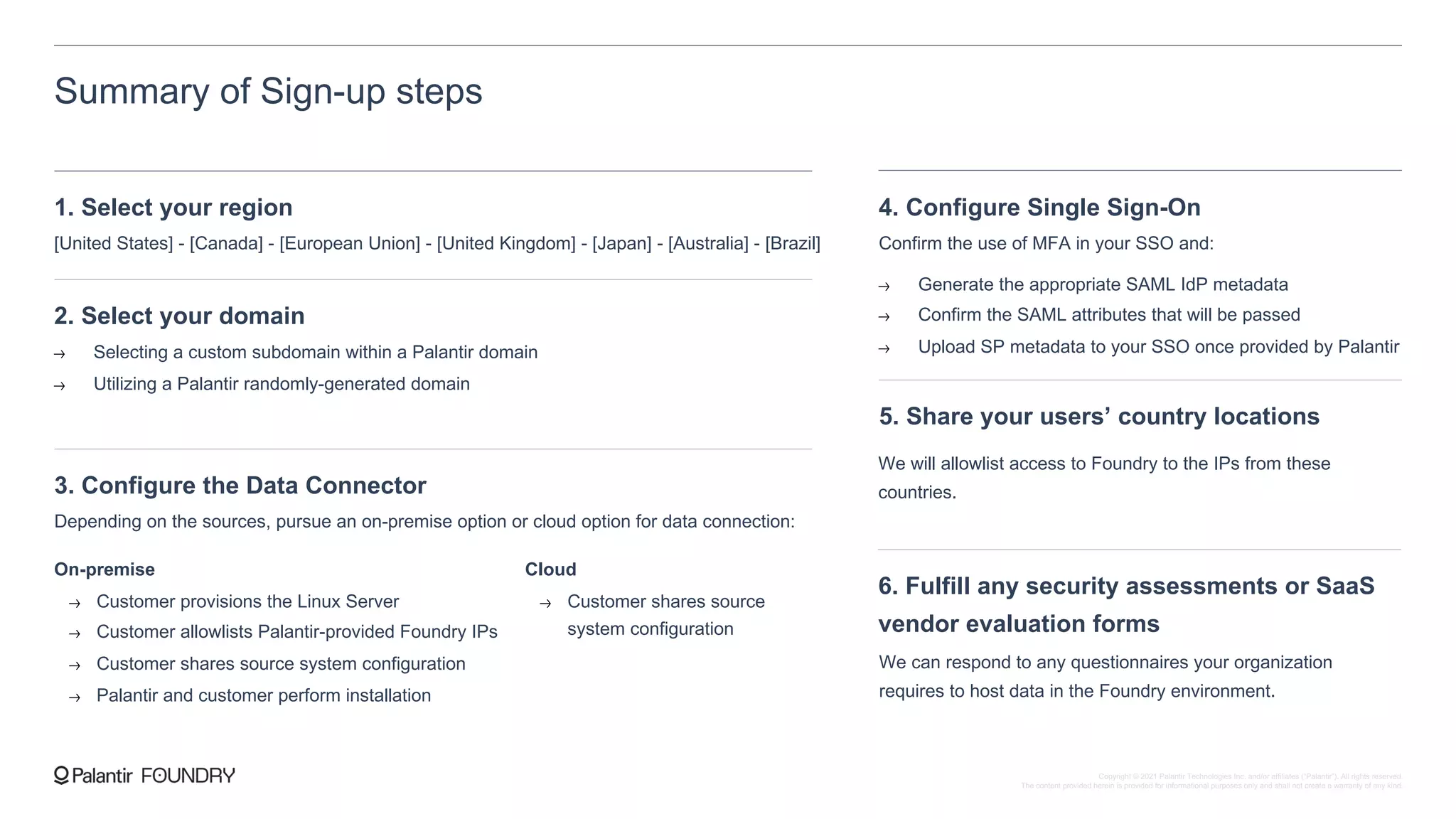 Summary of Sign-up steps
1. Select your region
[United States] - [Canada] - [European Union] - [United Kingdom] - [Japan] - [Australia] - [Brazil]
2. Select your domain
Selecting a custom subdomain within a Palantir domain
Utilizing a Palantir randomly-generated domain
3. Configure the Data Connector
Depending on the sources, pursue an on-premise option or cloud option for data connection:
On-premise
Customer provisions the Linux Server
Customer allowlists Palantir-provided Foundry IPs
Customer shares source system configuration
Palantir and customer perform installation
Cloud
Customer shares source
system configuration
4. Configure Single Sign-On
Confirm the use of MFA in your SSO and:
Generate the appropriate SAML IdP metadata
Confirm the SAML attributes that will be passed
Upload SP metadata to your SSO once provided by Palantir
5. Share your users’ country locations
We will allowlist access to Foundry to the IPs from these
countries.
6. Fulfill any security assessments or SaaS
vendor evaluation forms
We can respond to any questionnaires your organization
requires to host data in the Foundry environment.
Copyright © 2021 Palantir Technologies Inc. and/or affiliates (“Palantir”). All rights reserved.
The content provided herein is provided for informational purposes only and shall not create a warranty of any kind.
 
