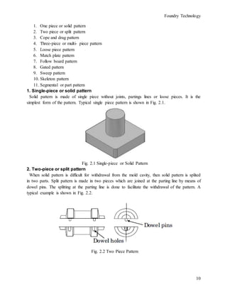 Foundry Technology
10
1. One piece or solid pattern
2. Two piece or split pattern
3. Cope and drag pattern
4. Three-piece or multi- piece pattern
5. Loose piece pattern
6. Match plate pattern
7. Follow board pattern
8. Gated pattern
9. Sweep pattern
10. Skeleton pattern
11. Segmental or part pattern
1. Single-piece or solid pattern
Solid pattern is made of single piece without joints, partings lines or loose pieces. It is the
simplest form of the pattern. Typical single piece pattern is shown in Fig. 2.1.
Fig. 2.1 Single-piece or Solid Pattern
2. Two-piece or split pattern
When solid pattern is difficult for withdrawal from the mold cavity, then solid pattern is splited
in two parts. Split pattern is made in two pieces which are joined at the parting line by means of
dowel pins. The splitting at the parting line is done to facilitate the withdrawal of the pattern. A
typical example is shown in Fig. 2.2.
Fig. 2.2 Two Piece Pattern
 