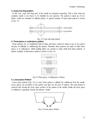 Foundry Technology
11
3. Cope and drag pattern
In this case, cope and drag part of the mould are prepared separately. This is done when the
complete mould is too heavy to be handled by one operator. The pattern is made up of two
halves, which are mounted on different plates. A typical example of match plate pattern is shown
in Fig. 2.3.
Fig. 2.3 Cope and drag pattern
4. Three-piece or multi-piece pattern
Some patterns are of complicated kind in shape and hence cannot be made in one or two pieces
because of difficulty in withdrawing the pattern. Therefore these patterns are made in either three
pieces or in multi-pieces. Multi molding flasks are needed to make mold from these patterns. A
typical example of three-piece pattern is shown in Fig. 2.4.
Fig 2.4 Three-piece or Multi-piece Pattern
5. Loose-piece Pattern
Loose piece pattern (Fig. 2.5) is used when pattern is difficult for withdrawal from the mould.
Loose pieces are provided on the pattern and they are the part of pattern. The main pattern is
removed first leaving the loose piece portion of the pattern in the mould. Finally the loose piece
is withdrawal separately leaving the intricate mould.
Fig 2.5 Loose-piece Pattern
 