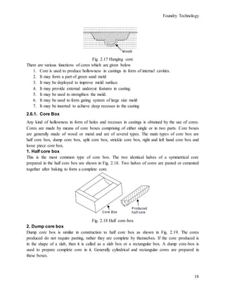 Foundry Technology
18
Fig. 2.17 Hanging core
There are various functions of cores which are given below
1. Core is used to produce hollowness in castings in form of internal cavities.
2. It may form a part of green sand mold
3. It may be deployed to improve mold surface.
4. It may provide external undercut features in casting.
5. It may be used to strengthen the mold.
6. It may be used to form gating system of large size mold
7. It may be inserted to achieve deep recesses in the casting
2.6.1. Core Box
Any kind of hollowness in form of holes and recesses in castings is obtained by the use of cores.
Cores are made by means of core boxes comprising of either single or in two parts. Core boxes
are generally made of wood or metal and are of several types. The main types of core box are
half core box, dump core box, split core box, strickle core box, right and left hand core box and
loose piece core box.
1. Half core box
This is the most common type of core box. The two identical halves of a symmetrical core
prepared in the half core box are shown in Fig. 2.18. Two halves of cores are pasted or cemented
together after baking to form a complete core.
Fig. 2.18 Half core-box
2. Dump core box
Dump core box is similar in construction to half core box as shown in Fig. 2.19. The cores
produced do not require pasting, rather they are complete by themselves. If the core produced is
in the shape of a slab, then it is called as a slab box or a rectangular box. A dump core-box is
used to prepare complete core in it. Generally cylindrical and rectangular cores are prepared in
these boxes.
 