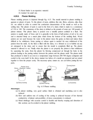 Foundry Technology
68
15. Resin binder is an expensive material.
16. Limited for small size.
4.20.8. Plaster Molding
Plaster molding process is depicted through Fig. 4.15. The mould material in plaster molding is
gypsum or plaster of paris. To this plaster of paris, additives like talc, fibers, asbestos, silica flour
etc. are added in order to control the contraction characteristics of the mould as well as the
settling time. The plaster of paris is used in the form of a slurry which is made to a consistency
of 130 to 180. The consistency of the slurry is defined as the pounds of water per 100 pounds of
plaster mixture. This plaster slurry is poured over a metallic pattern confined in a flask. The
pattern is usually made of brass and it is generally in the form of half portion of job to be cast
and is attached firmly on a match plate which forms the bottom of the molding flask. Wood
pattern are not used because the water in the plaster raises the grains on them and makes them
difficult to be withdrawn. Some parting or release agent is needed for easy withdrawal of the
pattern from the mold. As the flask is filled with the slurry, it is vibrated so as to bubble out any
air entrapped in the slurry and to ensure that the mould is completely filled up. The plaster
material is allowed to set. Finally when the plaster is set properly the pattern is then withdrawn
by separating the same, from the plaster by blowing compressed air through the holes in the
patterns leading to the parting surface between the pattern and the plaster mold. The plaster mold
thus produced is dried in an oven to a temperature range between 200-700 degree centigrade and
cooled in the oven itself. In the above manner two halves of a mould are prepared and are joined
together to form the proper cavity. The necessary sprue, runner etc. are cut before joining the two
parts.
Fig. 4.15 Plaster molding
Advantages
(a) In plaster molding, very good surface finish is obtained and machining cost is also
reduced.
(b) Slow and uniform rate of cooling of the casting is achieved because of low thermal
conductivity of plaster and possibility of stress concentration is reduced.
(c) Metal shrinkage with accurate control is feasible and thereby warping and distortion of
thin sections can be avoided in the plaster molding.
 