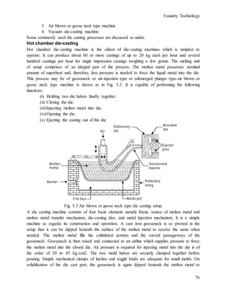 Foundry Technology
76
3. Air blown or goose neck type machine
4. Vacuum die-casting machine
Some commonly used die casting processes are discussed as under.
Hot chamber die-casting
Hot chamber die-casting machine is the oldest of die-casting machines which is simplest to
operate. It can produce about 60 or more castings of up to 20 kg each per hour and several
hundred castings per hour for single impression castings weighing a few grams. The melting unit
of setup comprises of an integral part of the process. The molten metal possesses nominal
amount of superheat and, therefore, less pressure is needed to force the liquid metal into the die.
This process may be of gooseneck or air-injection type or submerged plunger type-air blown or
goose neck type machine is shown as in Fig. 5.3. It is capable of performing the following
functions:
(i) Holding two die halves finally together.
(ii) Closing the die.
(iii)Injecting molten metal into die.
(iv)Opening the die.
(v) Ejecting the casting out of the die.
Fig. 5.3 Air blown or goose neck type die casting setup
A die casting machine consists of four basic elements namely frame, source of molten metal and
molten metal transfer mechanism, die-casting dies, and metal injection mechanism. It is a simple
machine as regards its construction and operation. A cast iron gooseneck is so pivoted in the
setup that it can be dipped beneath the surface of the molten metal to receive the same when
needed. The molten metal fills the cylindrical portion and the curved passageways of the
gooseneck. Gooseneck is then raised and connected to an airline which supplies pressure to force
the molten metal into the closed die. Air pressure is required for injecting metal into the die is of
the order of 30 to 45 kg./cm2. The two mold halves are securely clamped together before
pouring. Simple mechanical clamps of latches and toggle kinds are adequate for small molds. On
solidification of the die cast part, the gooseneck is again dipped beneath the molten metal to
 