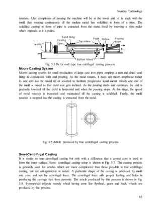 Foundry Technology
82
rotation. After completion of pouring the machine will be at the lower end of its track with the
mold that rotating continuously till the molten metal has solidified in form of a pipe. The
solidified casting in form of pipe is extracted from the metal mold by inserting a pipe puller
which expands as it is pulled.
Fig. 5.5 De Levaud type true entrifugal casting process.
Moore Casting System
Moore casting system for small production of large cast iron pipes employs a ram and dried sand
lining in conjunction with end pouring. As the mold rotates, it does not move lengthwise rather
its one end can be raised up or lowered to facilitate progressive liquid metal. Initially one end of
the mold is raised as that mold axis gets inclined. As the pouring starts and continues, the end is
gradually lowered till the mold is horizontal and when the pouring stops. At this stage, the speed
of mold rotation is increased and maintained till the casting is solidified. Finally, the mold
rotation is stopped and the casting is extracted from the mold.
Fig. 5.6 Article produced by true centrifugal casting process
Semi-Centrifugal Casting
It is similar to true centrifugal casting but only with a difference that a central core is used to
form the inner surface. Semi- centrifugal casting setup is shown in Fig. 5.7. This casting process
is generally used for articles which are more complicated than those possible in true centrifugal
casting, but are axi-symmetric in nature. A particular shape of the casting is produced by mold
and core and not by centrifugal force. The centrifugal force aids proper feeding and helps in
producing the castings free from porosity. The article produced by this process is shown in Fig.
5.8. Symmetrical objects namely wheel having arms like flywheel, gears and back wheels are
produced by this process.
 