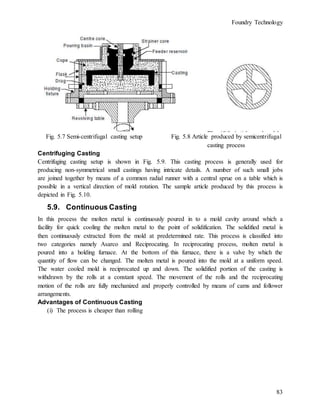 Foundry Technology
83
Fig. 5.7 Semi-centrifugal casting setup Fig. 5.8 Article produced by semicentrifugal
casting process
Centrifuging Casting
Centrifuging casting setup is shown in Fig. 5.9. This casting process is generally used for
producing non-symmetrical small castings having intricate details. A number of such small jobs
are joined together by means of a common radial runner with a central sprue on a table which is
possible in a vertical direction of mold rotation. The sample article produced by this process is
depicted in Fig. 5.10.
5.9. Continuous Casting
In this process the molten metal is continuously poured in to a mold cavity around which a
facility for quick cooling the molten metal to the point of solidification. The solidified metal is
then continuously extracted from the mold at predetermined rate. This process is classified into
two categories namely Asarco and Reciprocating. In reciprocating process, molten metal is
poured into a holding furnace. At the bottom of this furnace, there is a valve by which the
quantity of flow can be changed. The molten metal is poured into the mold at a uniform speed.
The water cooled mold is reciprocated up and down. The solidified portion of the casting is
withdrawn by the rolls at a constant speed. The movement of the rolls and the reciprocating
motion of the rolls are fully mechanized and properly controlled by means of cams and follower
arrangements.
Advantages of Continuous Casting
(i) The process is cheaper than rolling
 