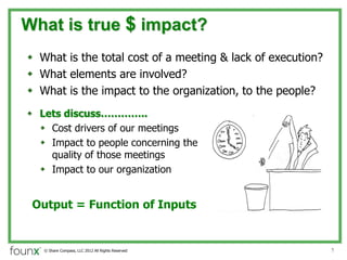 What is true $ impact?
? What is the total cost of a meeting & lack of execution?
? What elements are involved?
? What is the impact to the organization, to the people?
? Lets discuss..
  ? Cost drivers of our meetings
  ? Impact to people concerning the
    quality of those meetings
  ? Impact to our organization


 Output = Function of Inputs


   ? Share Compass, LLC 2012 All Rights Reserved             7
 
