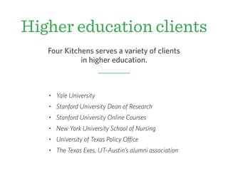 Higher education clients
• Yale University
• Stanford University Dean of Research
• Stanford University Online Courses
• New York University School of Nursing
• University of Texas Policy Office
• The Texas Exes, UT-Austin’s alumni association
Four Kitchens serves a variety of clients
in higher education.
 