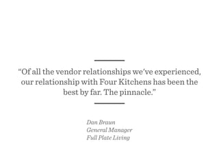 “Of all the vendor relationships we've experienced,
our relationship with Four Kitchens has been the
best by far. The pinnacle.”
Dan Braun
General Manager
Full Plate Living
 