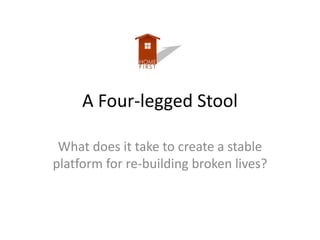 A Four-legged Stool

 What does it take to create a stable
platform for re-building broken lives?
 