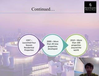 Continued…
2010 – More
than 100
properties
around the
world
2000 – More
than 20 new
properties
developed
1997 –
Launched Four
Season
Residential
Properties
 