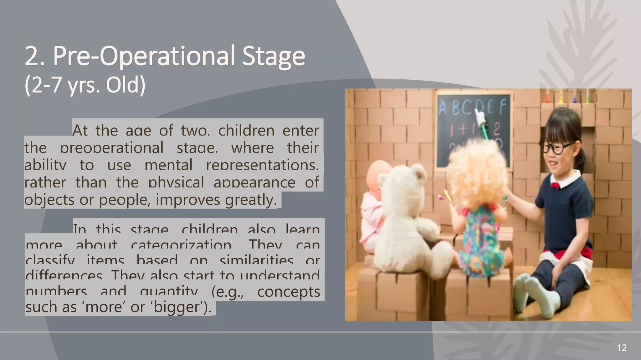2. Pre-Operational Stage
(2-7 yrs. Old)
In this stage, children also learn
more about categorization. They can
classify items based on similarities or
differences. They also start to understand
numbers and quantity (e.g., concepts
such as ‘more’ or ‘bigger’).
12
At the age of two, children enter
the preoperational stage, where their
ability to use mental representations,
rather than the physical appearance of
objects or people, improves greatly.
 
