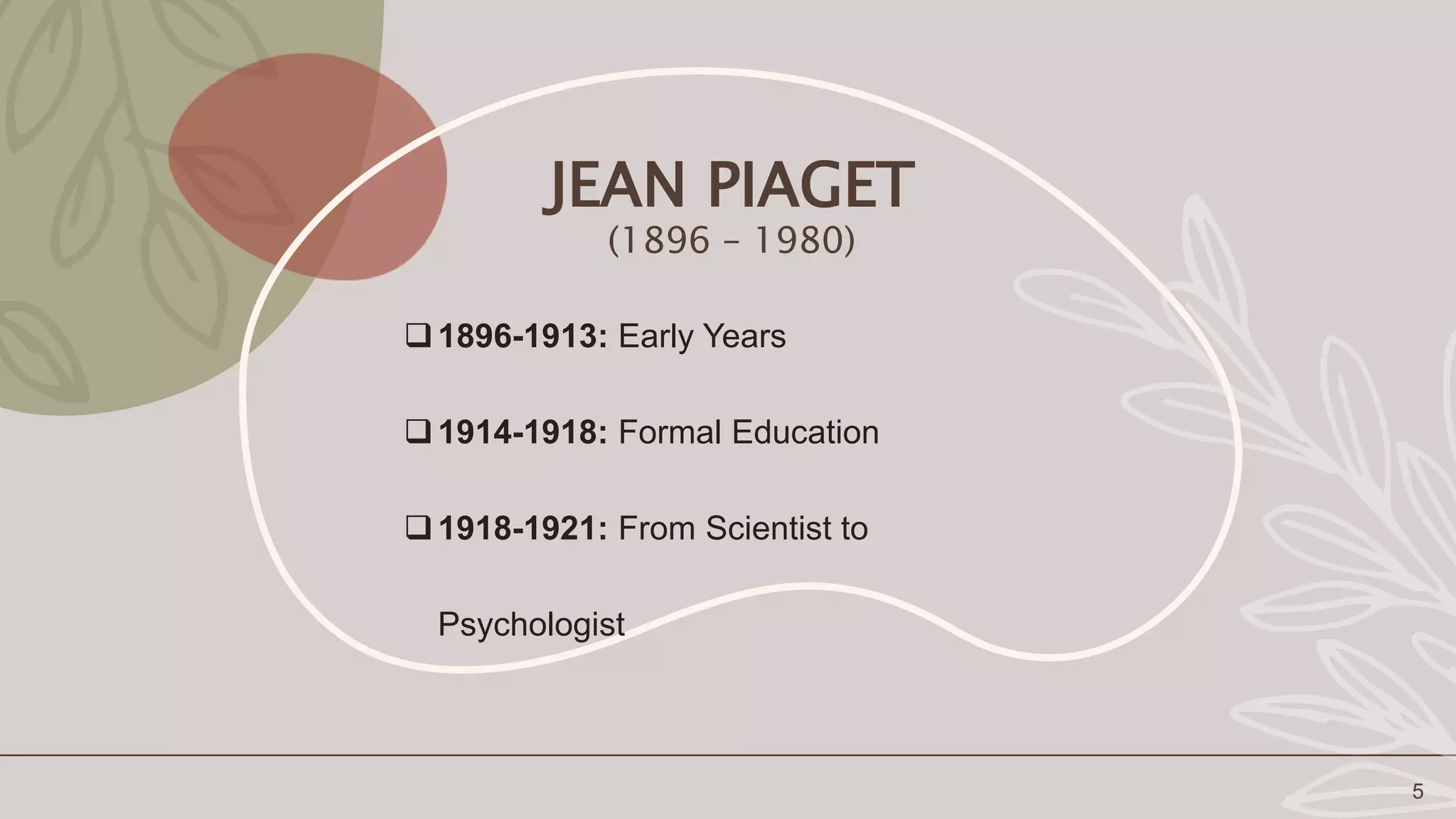 JEAN PIAGET
(1896 – 1980)
1896-1913: Early Years
1914-1918: Formal Education
1918-1921: From Scientist to
Psychologist
5
 