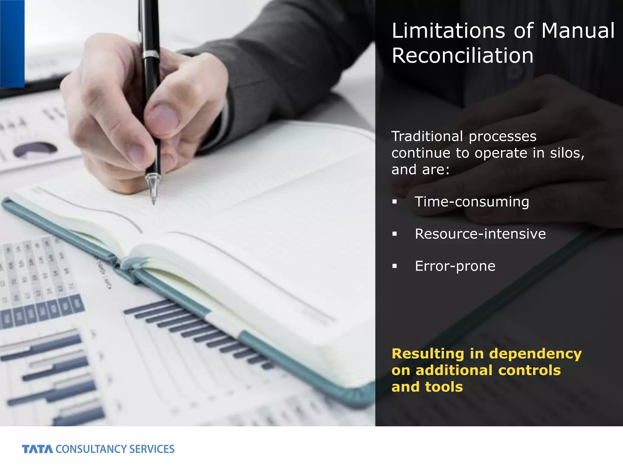 3
Limitations of Manual
Reconciliation
Traditional processes
continue to operate in silos,
and are:
Time-consuming
Resource-intensive
Error-prone
Resulting in dependency
on additional controls
and tools