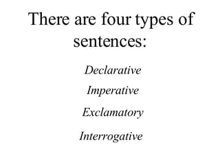 There are four types of sentences: Declarative Imperative Exclamatory Interrogative 