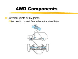 4WD Components
 Universal joints or CV-joints
Are used to connect front axles to the wheel hubs
 