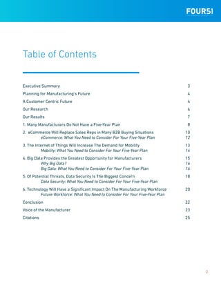 2
Table of Contents
Executive Summary	 3
Planning for Manufacturing’s Future	 4
A Customer Centric Future	 4
Our Research	...