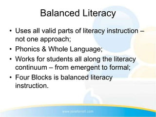 Balanced Literacy
• Uses all valid parts of literacy instruction –
  not one approach;
• Phonics & Whole Language;
• Works for students all along the literacy
  continuum – from emergent to formal;
• Four Blocks is balanced literacy
  instruction.
 