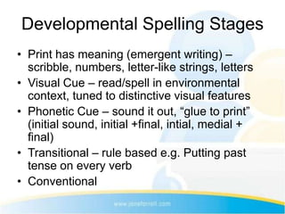 Developmental Spelling Stages
• Print has meaning (emergent writing) –
  scribble, numbers, letter-like strings, letters
• Visual Cue – read/spell in environmental
  context, tuned to distinctive visual features
• Phonetic Cue – sound it out, “glue to print”
  (initial sound, initial +final, intial, medial +
  final)
• Transitional – rule based e.g. Putting past
  tense on every verb
• Conventional
 