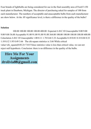 Four brands of lightbulbs are being considered for use in the final assembly area of Ford F-150
truck plant in Dearborn, Michigan. The director of purchasing asked for samples of 100 from
each manufacturer. The numbers of acceptable and unacceptable bulbs from each manufacturer
are show below. At the .05 significance level, is there a difference in the quality of the bulbs?
Solution
100.00 100.00 100.00 100.00 400.00 Expected A B C D Unacceptable 9.00 9.00
9.00 9.00 36.00 Acceptable 91.00 91.00 91.00 91.00 364.00 100.00 100.00 100.00 100.00 400.00
Caluclation A B C D Unacceptable 1.00 0.11 1.78 0.44 3.33 Acceptable 0.10 0.01 0.18 0.04 0.33
1.10 0.12 1.95 0.49 3.66 The chi-square statistics is 3.66 While critical
value=chi_square(0.05,3)=7.815 Since statistics value is less than critical value, we can not
reject null hypothesis. Conclusion: there is no difference in the quality of the bulbs.
 