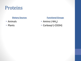 Proteins
Dietary Sources
• Animals
• Plants
Functional Groups
• Amino (-NH2)
• Carboxyl (-COOH)
 