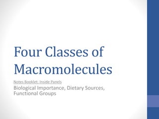 Four Classes of
Macromolecules
Notes Booklet: Inside Panels
Biological Importance, Dietary Sources,
Functional Groups
 