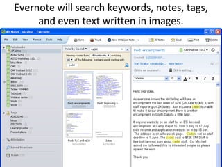 Evernote will search keywords, notes, tags, and even text written in images.
