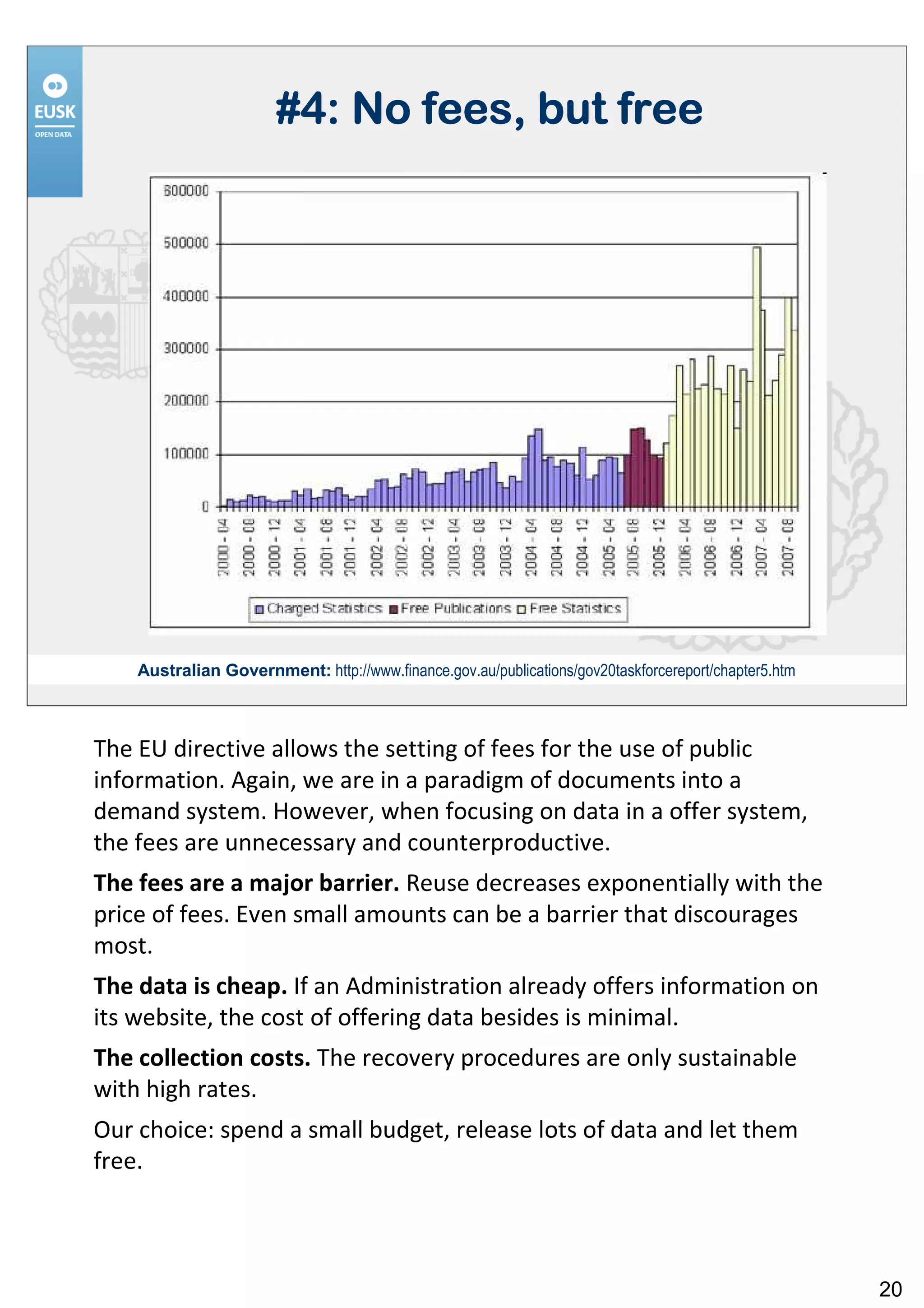 #4: No fees, but free




    Australian Government: http://www.finance.gov.au/publications/gov20taskforcereport/chapter5.htm



The EU directive allows the setting of fees for the use of public
information. Again, we are in a paradigm of documents into a
demand system. However, when focusing on data in a offer system,
the fees are unnecessary and counterproductive.
The fees are a major barrier. Reuse decreases exponentially with the
price of fees. Even small amounts can be a barrier that discourages
most.
The data is cheap. If an Administration already offers information on
its website, the cost of offering data besides is minimal.
The collection costs. The recovery procedures are only sustainable
with high rates.
Our choice: spend a small budget, release lots of data and let them
free.



                                                                                                      20
 