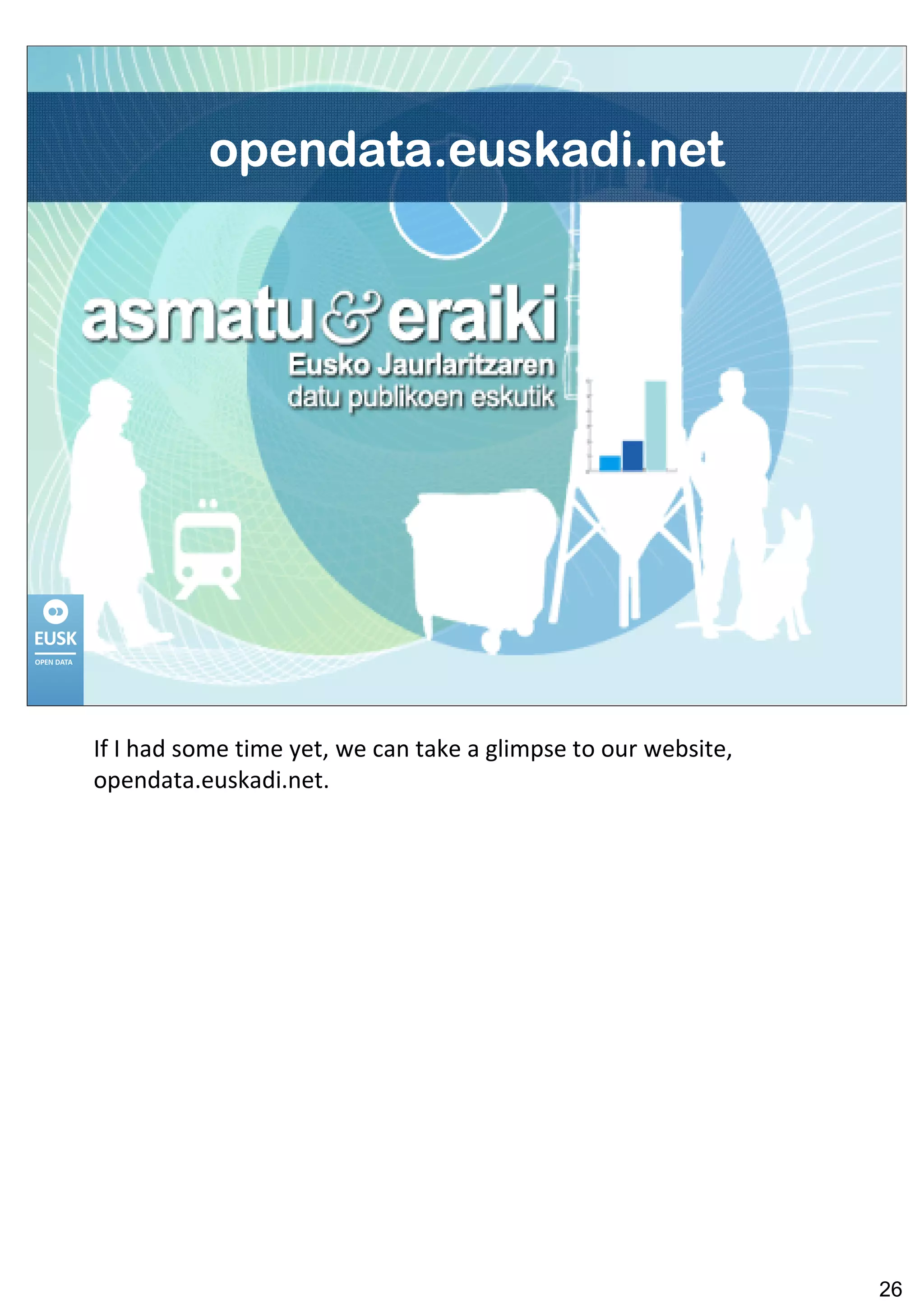 opendata.euskadi.net




If I had some time yet, we can take a glimpse to our website,
opendata.euskadi.net.




                                                                26
 