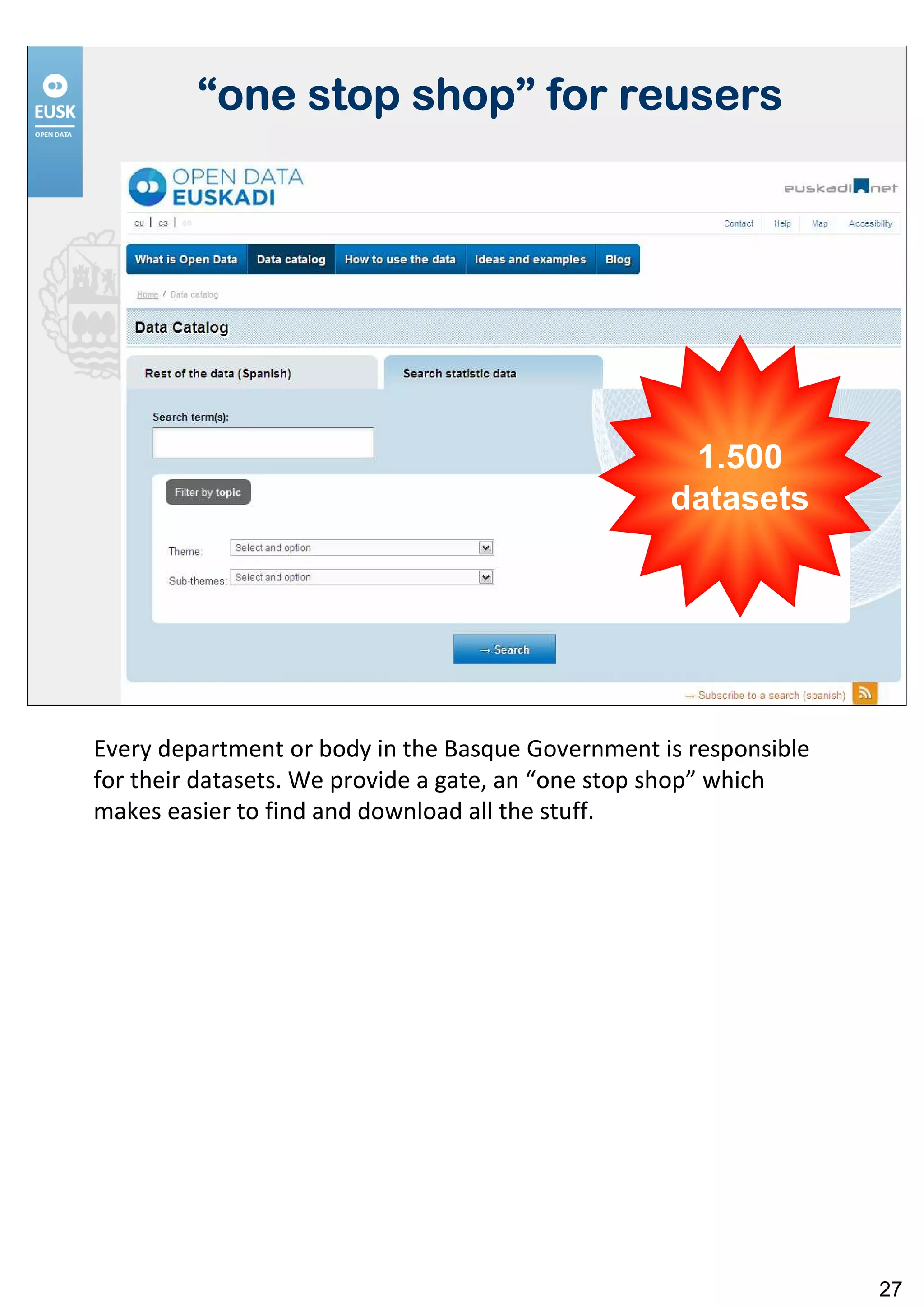 “one stop shop” for reusers
                   shop”




                                                    1.500
                                                   datasets




Every department or body in the Basque Government is responsible
for their datasets. We provide a gate, an “one stop shop” which
makes easier to find and download all the stuff.




                                                                   27
 