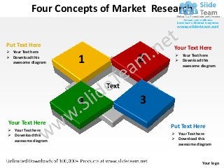 Four Concepts of Market Research


Put Text Here
                                      Your Text Here
 Your Text here
                                       Your Text here
 Download this
  awesome diagram   1          2       Download this
                                        awesome diagram



                        Text

                    4          3
 Your Text Here
 Your Text here
                                     Put Text Here
 Download this                       Your Text here
  awesome diagram                     Download this
                                       awesome diagram



                                                 Your logo
 