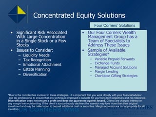 Concentrated Equity Solutions Significant Risk Associated With Large Concentration in a Single Stock or a Few Stocks Issues to Consider: Liquidity Needs Tax Recognition Emotional Attachment Estate Planning Diversification   Our Four Corners Wealth Management Group has a  Team of Specialists to Address These Issues Sample of Available Strategies*  Variable Prepaid Forwards Exchange Funds Managed Account Solutions  Margin Lending Charitable Gifting Strategies Four Corners’ Solutions *Due to the complexities involved in these strategies,  it is important that you work closely with your financial advisor and tax professional to ensure that any technique employed is suitable for your long-term objectives and risk tolerance. Diversification does not ensure a profit and does not guarantee against losses.  Clients are charged interest on any margin loan outstanding. If the client’s account equity declines the investor may lose more than their original investment and may be called upon to deposit additional cash or securities. Margin accounts are not appropriate for all investors. 