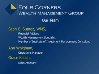Four Corners  Wealth Management Group Our Team Sean C. Suarez, WMS,  Financial Advisor,  Wealth Management Specialist Member of Institute of Investment Management Consulting Ann Whigham, Operations Manager Grace Katich, Sales Assistant 