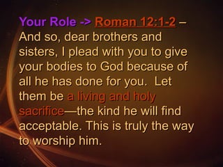 Your Role -> Roman 12:1-2 –
And so, dear brothers and
sisters, I plead with you to give
your bodies to God because of
all he has done for you. Let
them be a living and holy
sacrifice—the kind he will find
acceptable. This is truly the way
to worship him.

 