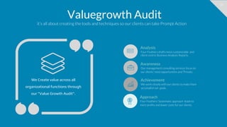 18
Valuegrowth Audit
it’s all about creating the tools and techniques so our clients can take Prompt Action
Approach
Four Feathers’ Systematic approach leads to
more profits and lower costs for our clients.
Analysis
Four Feathers drafts most customizable  and
client centric Business Analysis Reports.
Awareness
Our management consulting services focus on
our clients' most opportunities and Threats.
Achievement
We work closely with our clients to make them
accomplish set goals .
We Create value across all
organizational functions through
our "Value Growth Audit".
 