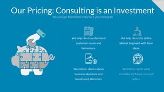 22
Our Pricing: Consulting is an Investment
You will get handsome returns if you choose to
We help clients to define
Market Segment with fresh
ideas.
We Inform clients what
should be the future course of
action.
We help clients understand
customer needs and
behaviours.
We inform clients about
business decisions and
investment allocation.
 