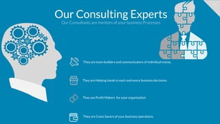 32
Our Consulting Experts
Our Consultants are mentors of your business Processes
They are team builders and communicators of individual voices.
They are Helping hands in each and every business decisions.
They are Profit Makers for your organization
They are Costs Savers of your business operations.
 