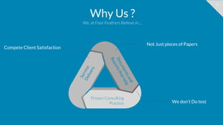 34
Why Us ?
We, at Four Feathers Believe in….
ServiceDelivery
Documentsand
Reportsthathelp
Proven Consulting
Practice
Compete Client Satisfaction
Not Just pieces of Papers
We don’t Do test
 