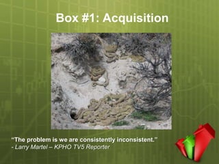 Box #1: Acquisition




“The problem is we are consistently inconsistent.”
- Larry Martel – KPHO TV5 Reporter
 