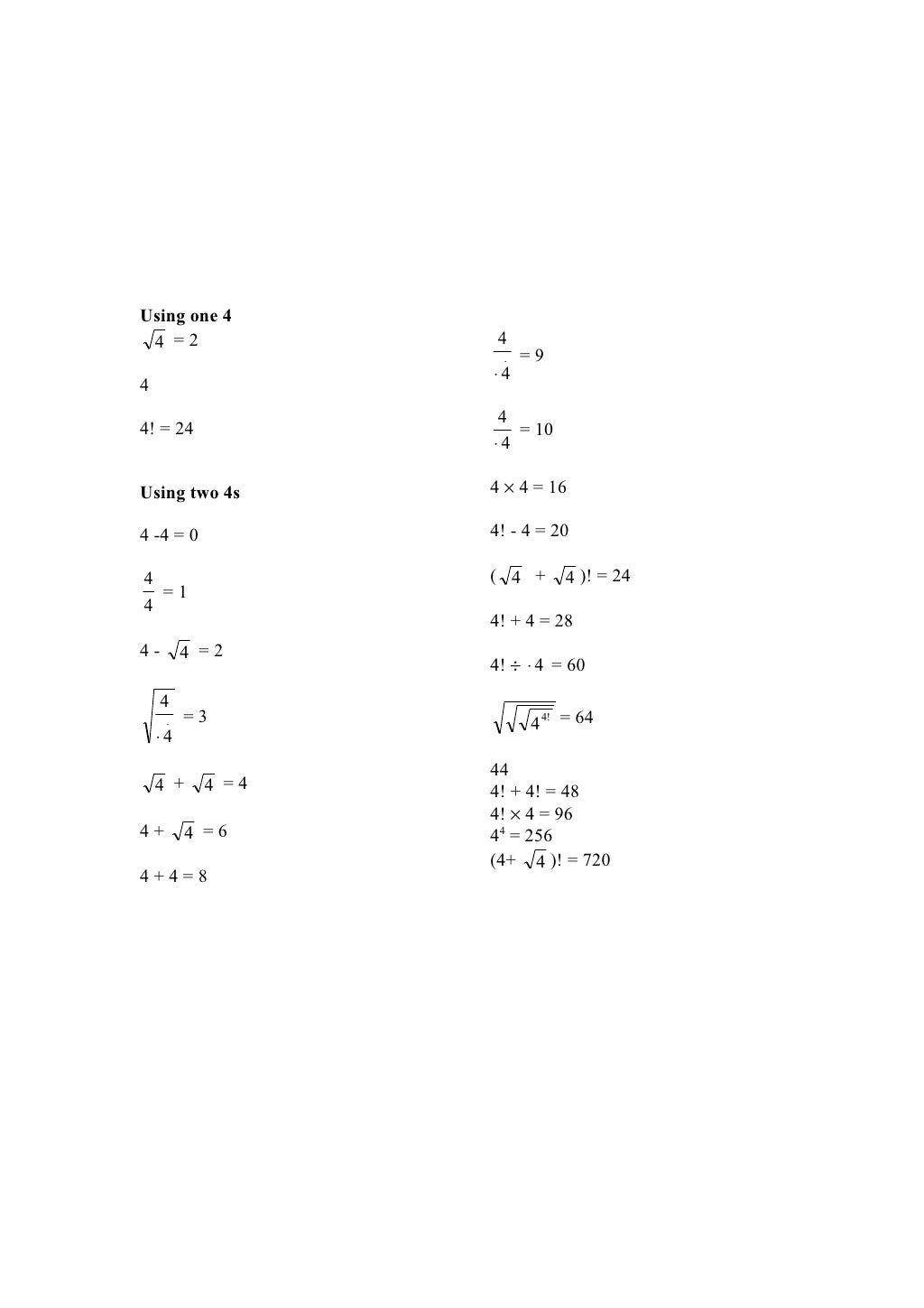 Four Fours Solutions Four Fours Solutions