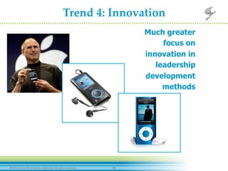 30	
  ©2012	
  Center	
  for	
  Crea-ve	
  Leadership.	
  All	
  rights	
  reserved.	
  
Trend  4:  Innovation	
	
  
	
  	
  	
  	
  	
  	
  	
  	
  	
  	
  	
  	
  	
  	
  	
  	
  	
  	
  	
  	
  	
  	
  	
  	
  	
  	
  	
  	
  	
  	
  	
  	
  	
  	
  	
  	
  	
  	
  	
  	
  	
  	
  	
  	
  	
  	
  	
  
Much greater
focus on
innovation in
leadership
development
methods
 