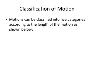 Classification of Motion
• Motions can be classified into five categories
according to the length of the motion as
shown below:
 